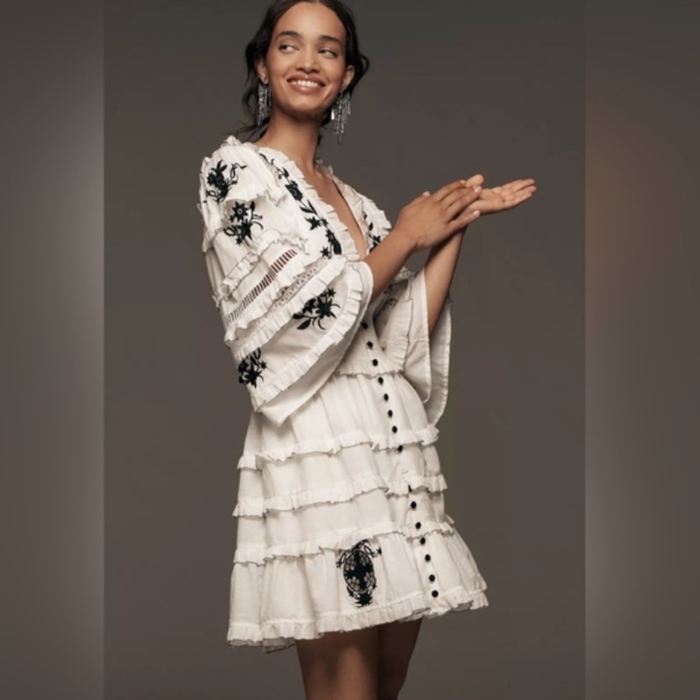 Anthropologie Embroidered Ruffled Mini Dress Medium NWOT
